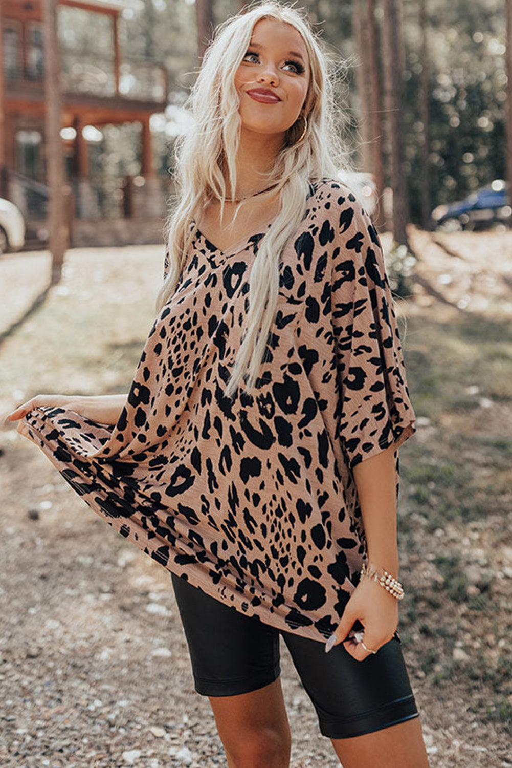 Brown Leopard Print V Neck Half Sleeve Oversized Tee