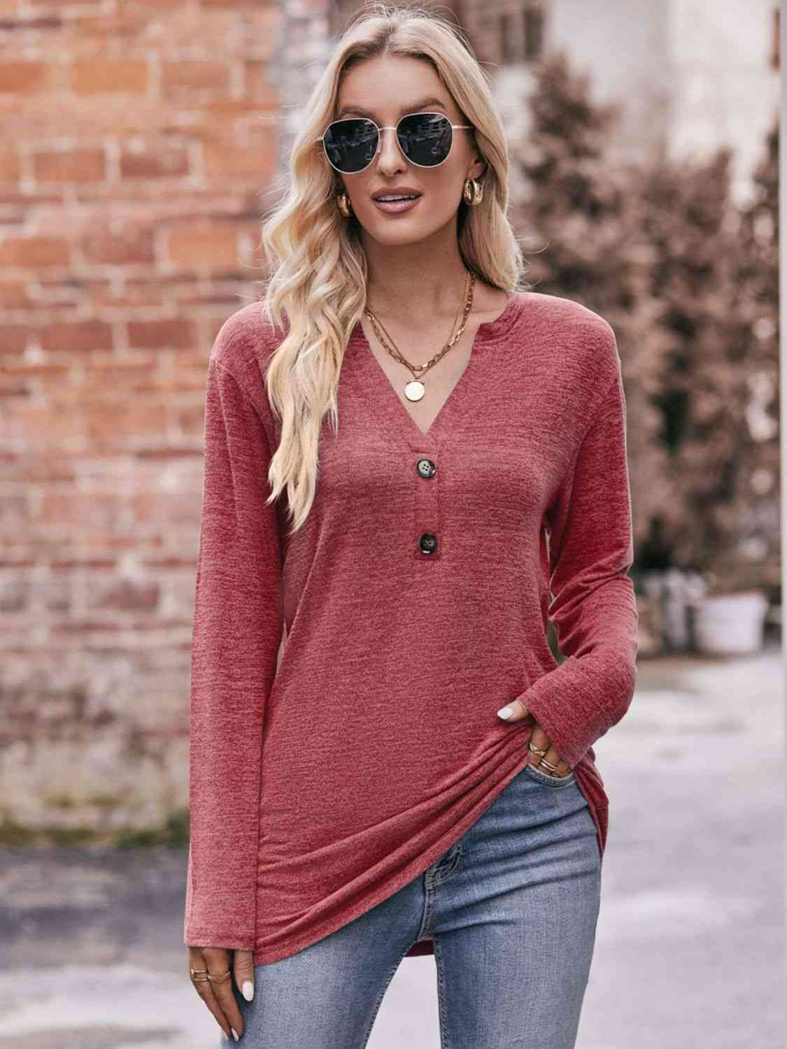 Double Take Buttoned Notched Neck Long Sleeve Top Casual Womenswear Solid Comfort