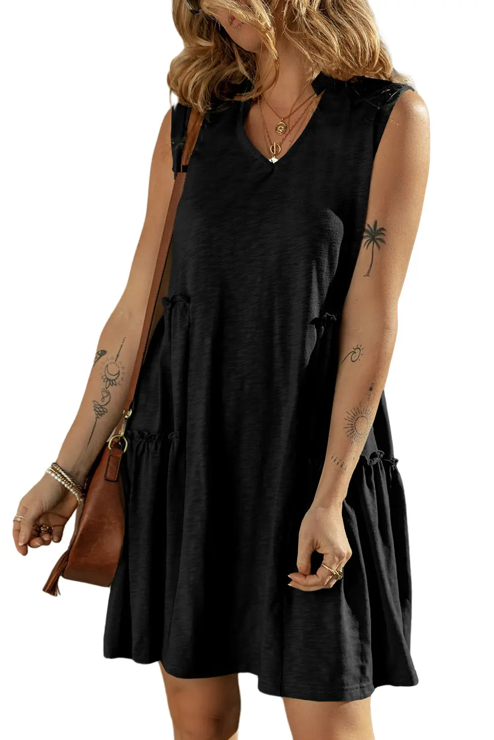 Black Split V Neck Tiered Flowy Sleeveless Dress - Scarlett's Riverside Boutique 