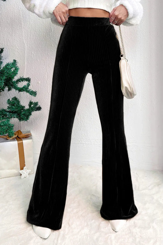 Black Solid Color High Waist Flare Corduroy Pants - Scarlett's Riverside Boutique 