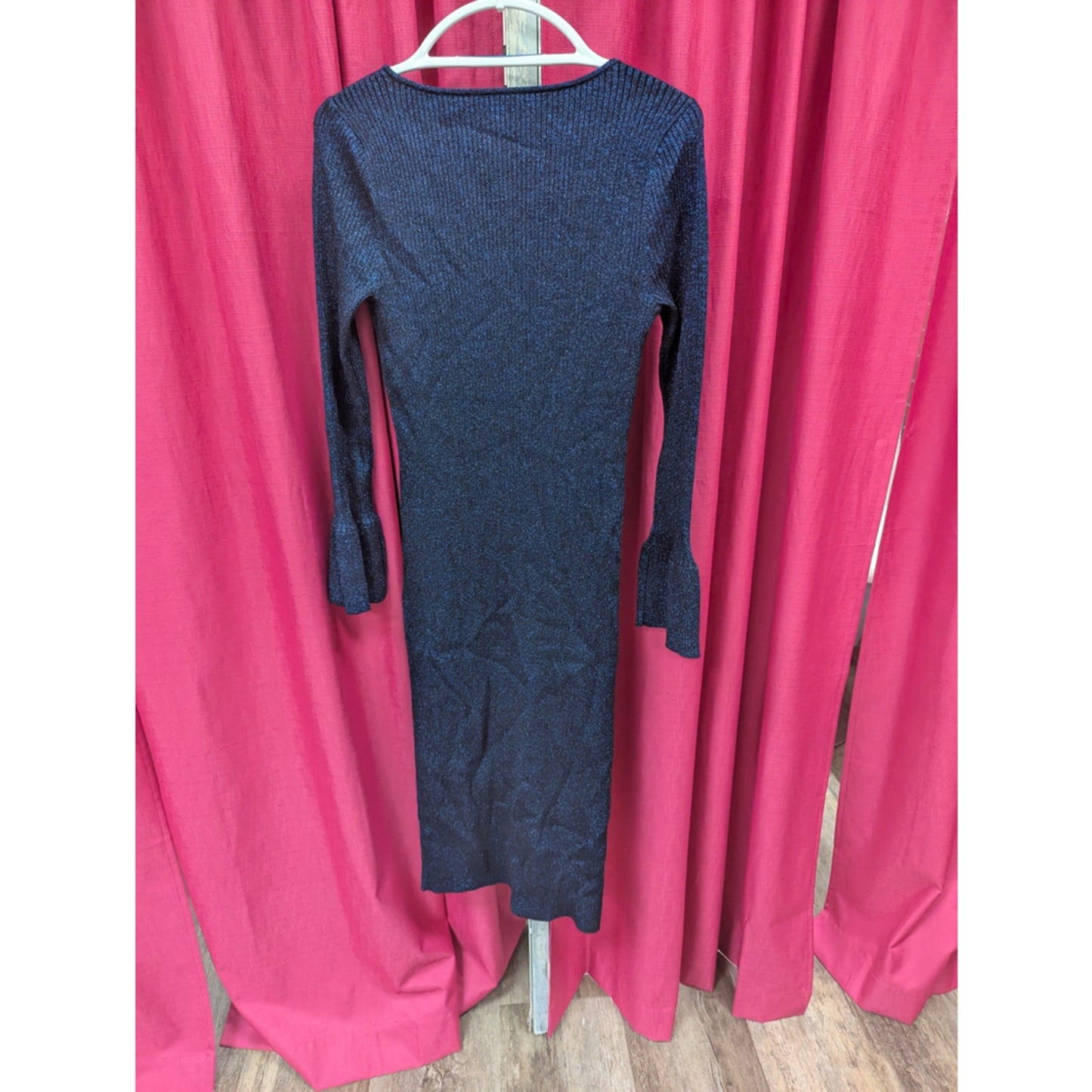 NWT LOFT Blue Shimmer Sweater Dress Size Large | Metallic Knit Midi Bodycon Bell