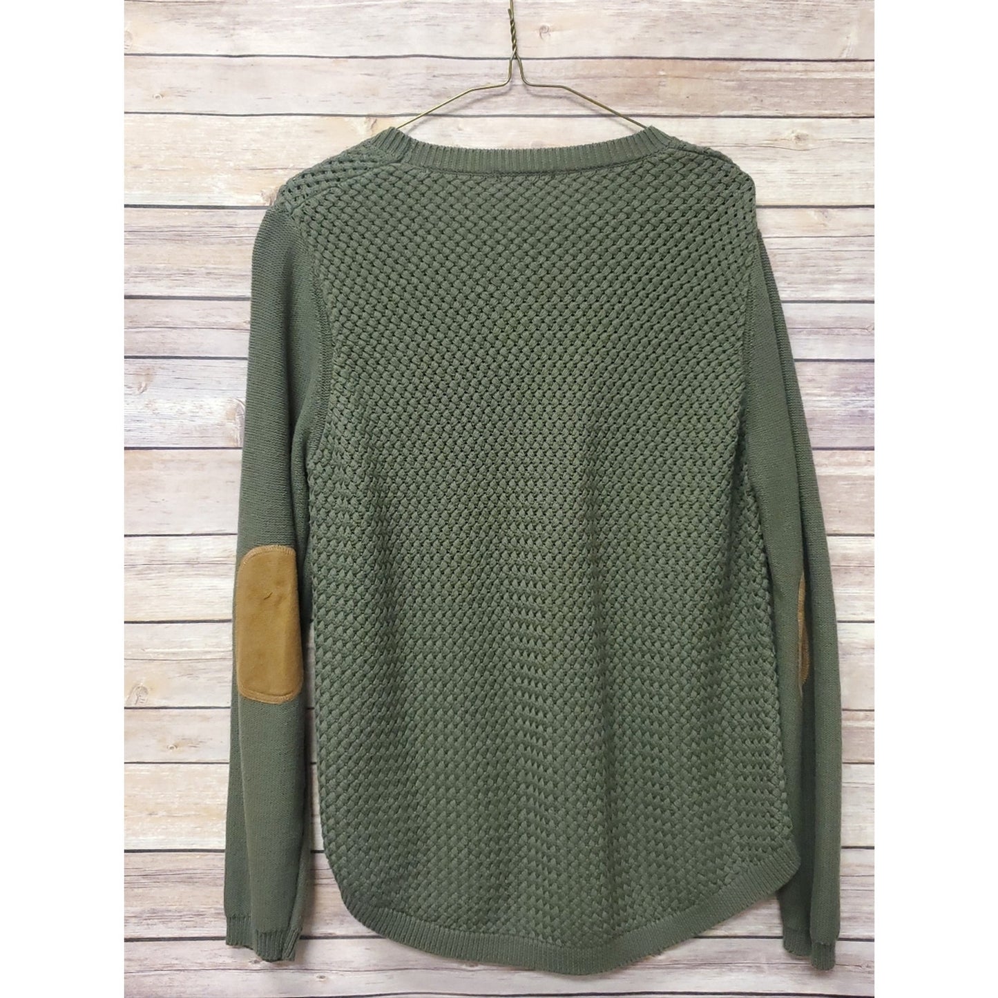 Lety Me Olive Green Knit Sweater Women’s Large Elbow Patch Long Sleeve Textured