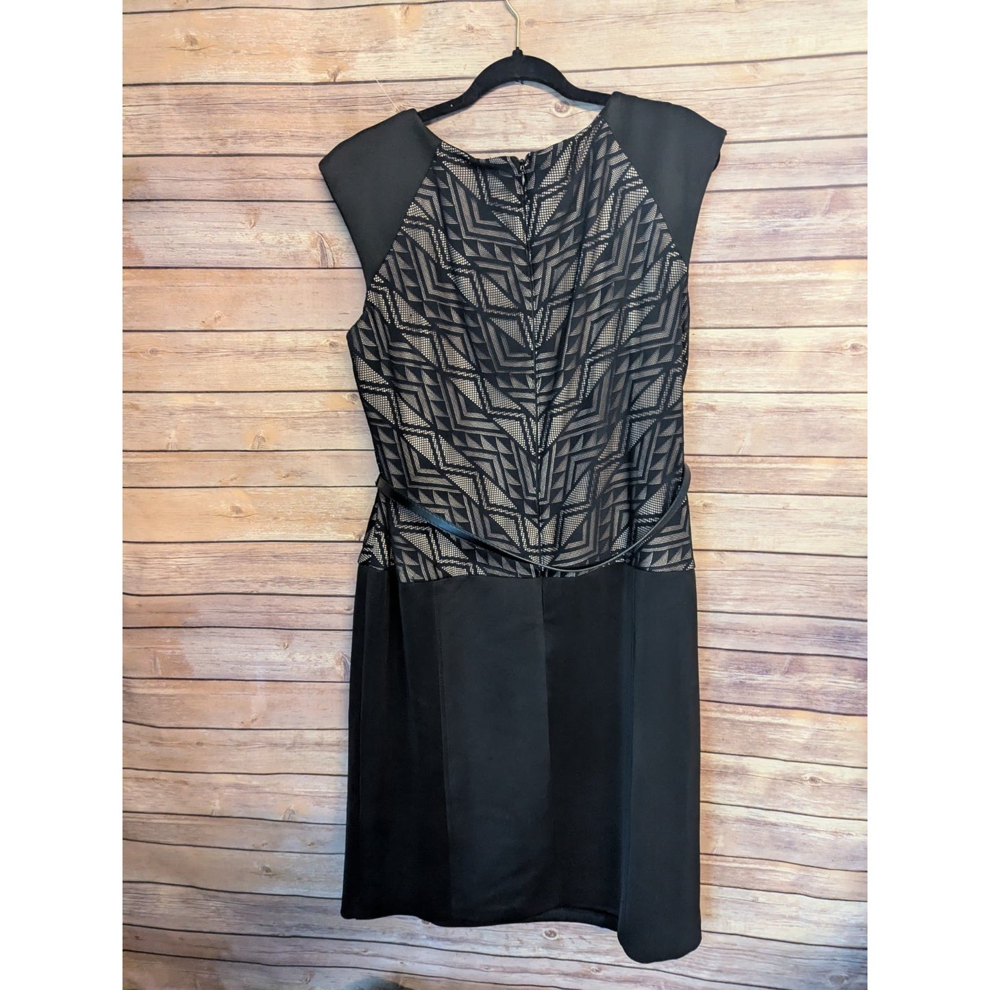 Dressbarn Collection Black Geometric Lace Sheath Dress Size 16 Belted Career
