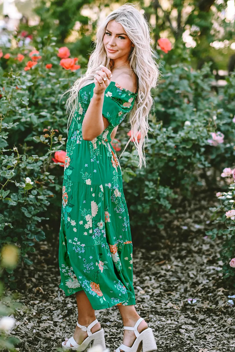 Green Floral Print Bubble Sleeve Smocked Tiered Midi Dress - Scarlett's Riverside Boutique 