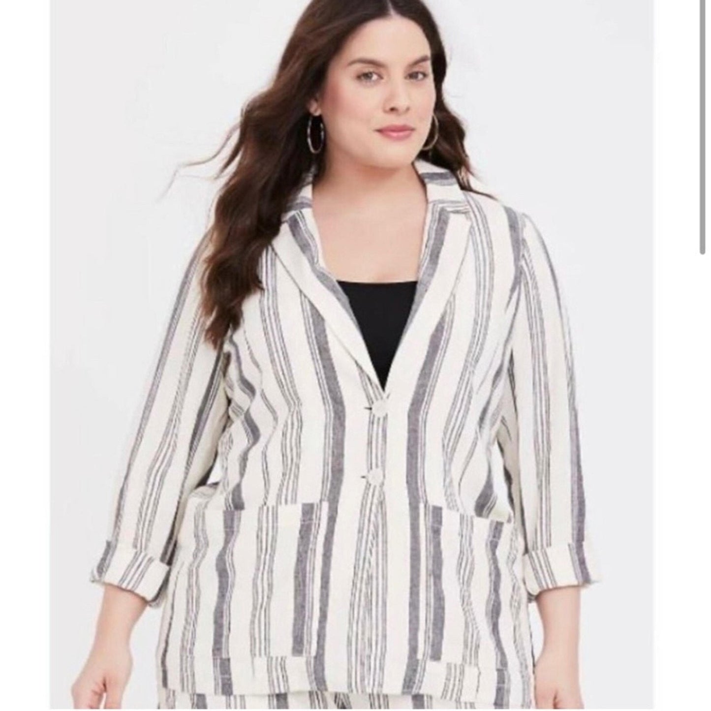 Plus Size Striped Linen Blend Blazer Jacket Neutral Black White Lightweight Open