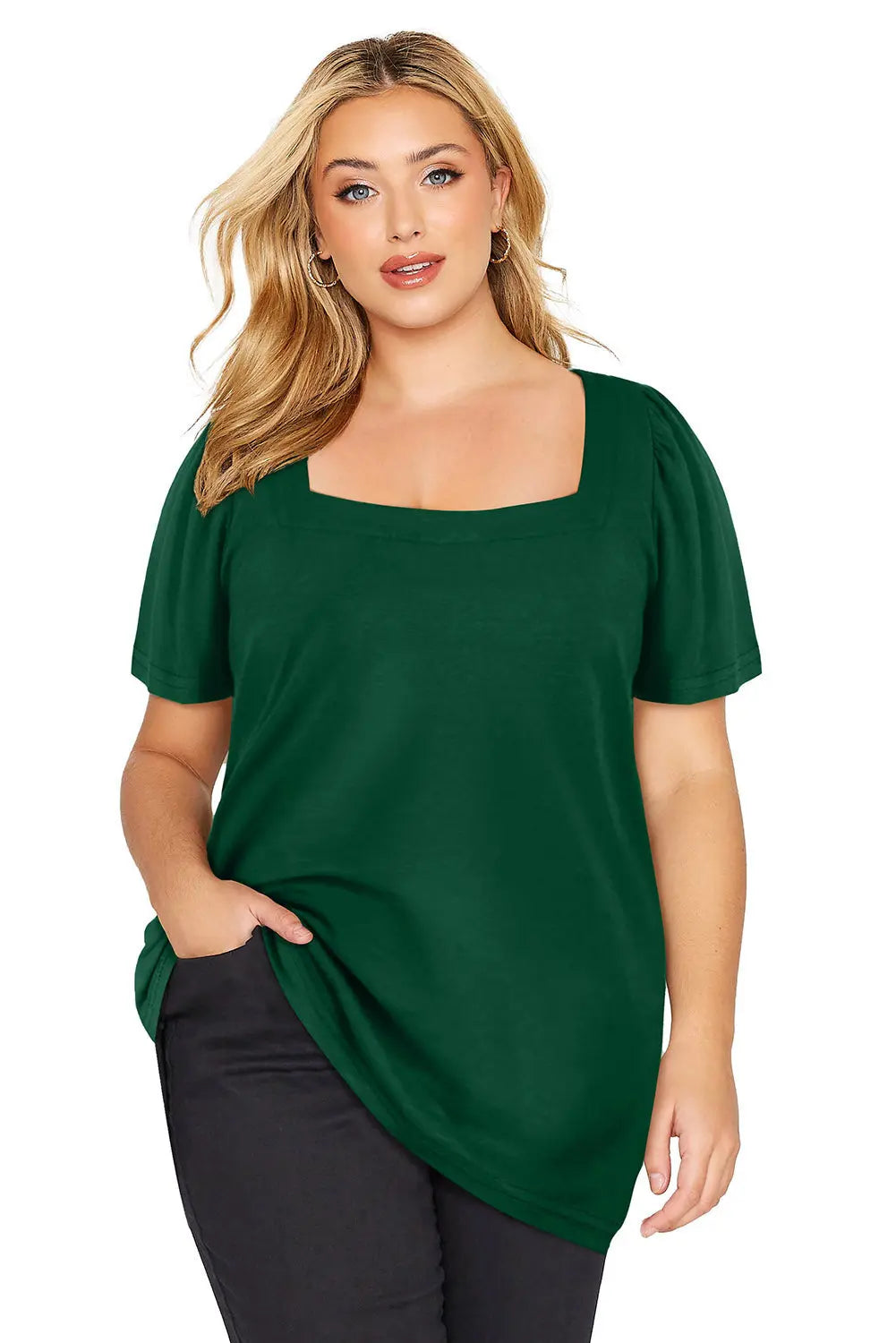 Green Plus Size Square Neck Ruched Shoulder Short Sleeve Top - Scarlett's Riverside Boutique 