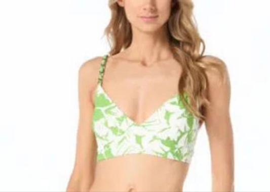 Michael Kors Green & White Tropical Print Bikini Top With Chain Straps– Size XS