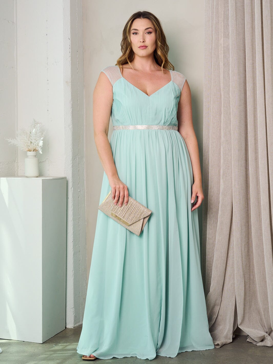 Formal, plus size, V-NECK PLEATED MAXI GOWN.