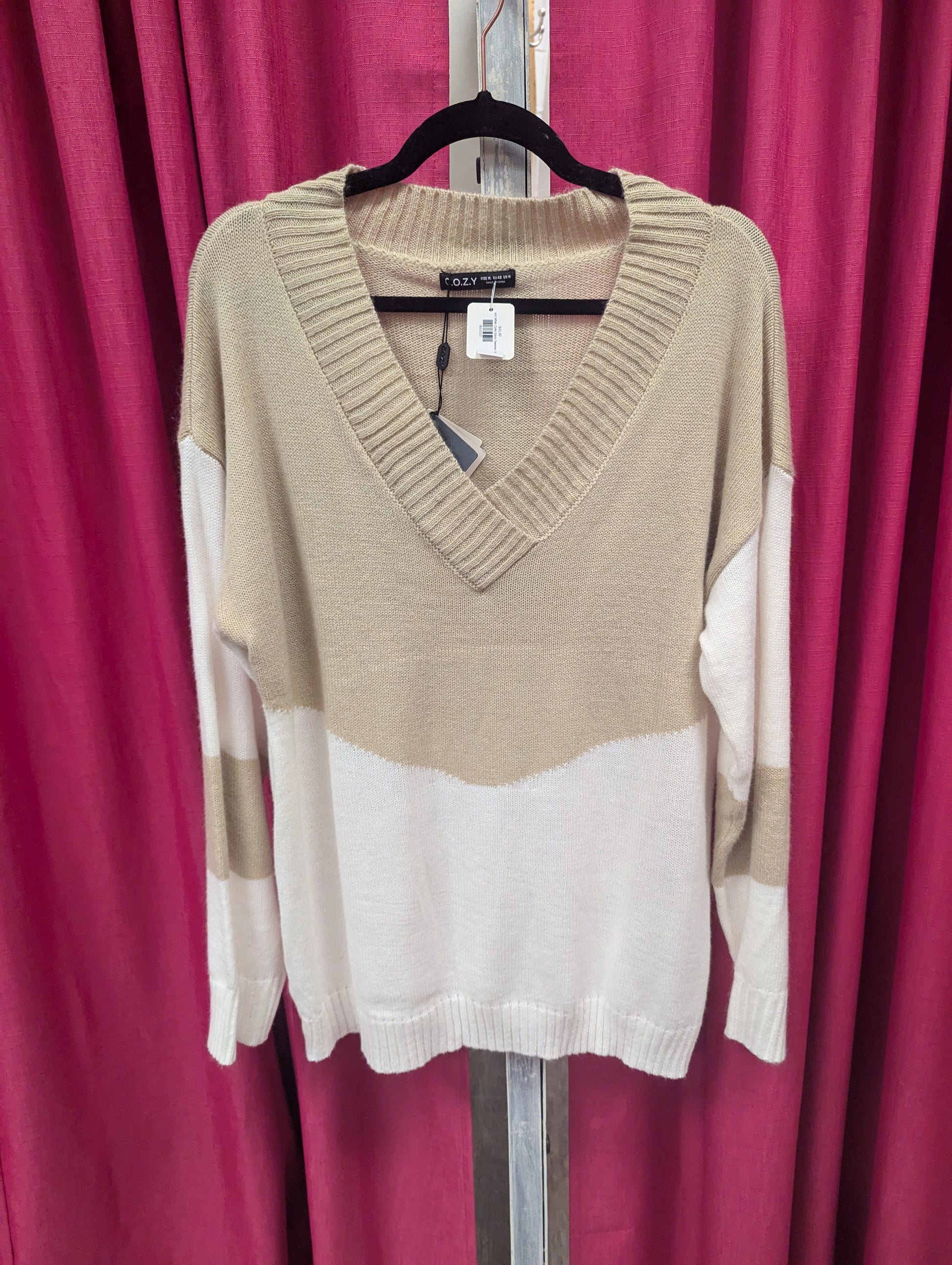 Tan and White Color Block Sweater - Scarlett's Riverside Boutique 