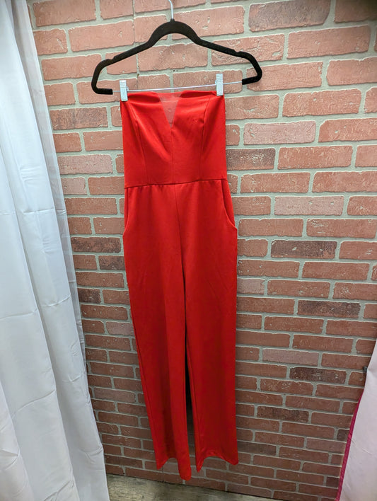 Red strapless jumpsuit with pockets. Size 7. RS-5