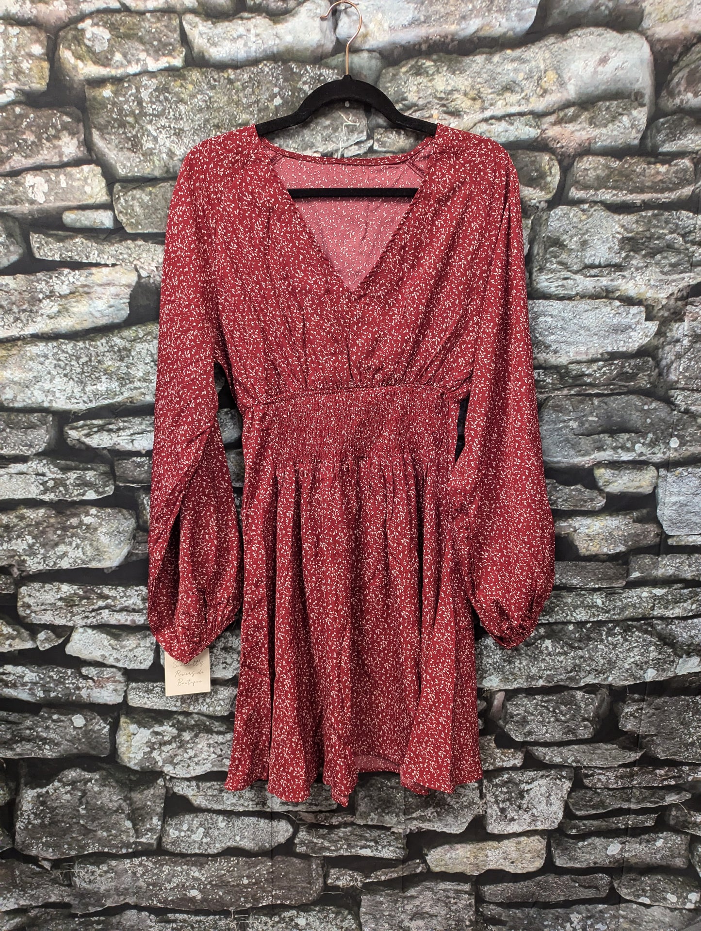 Red bell sleeve smocked waist dress. Size L - Scarlett's Riverside Boutique 