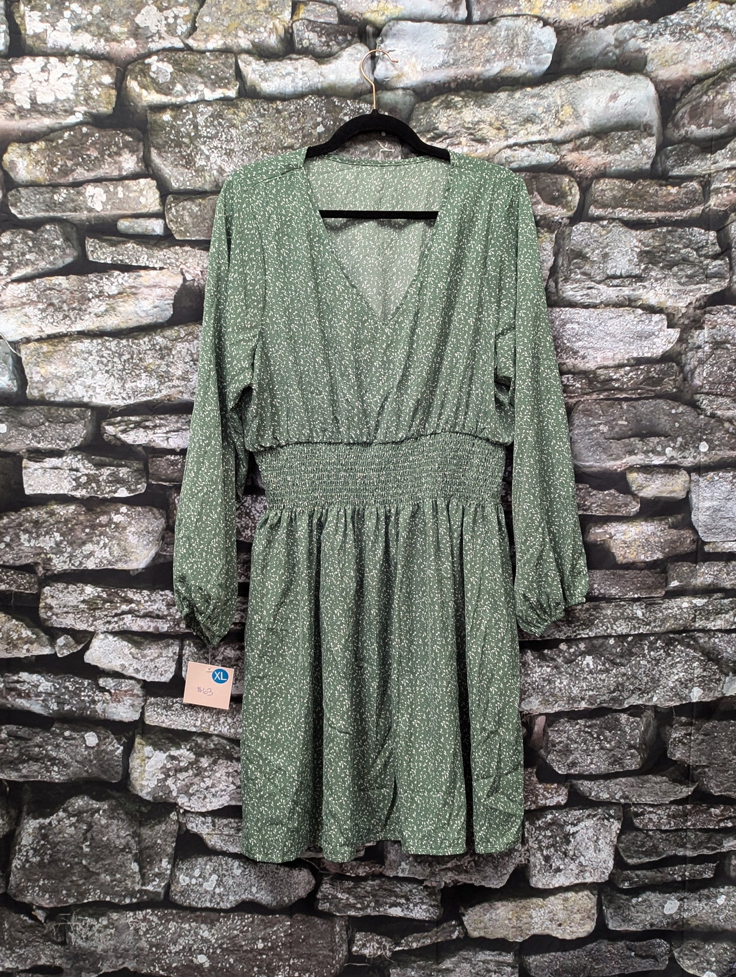 Green smocked bell sleeve dress