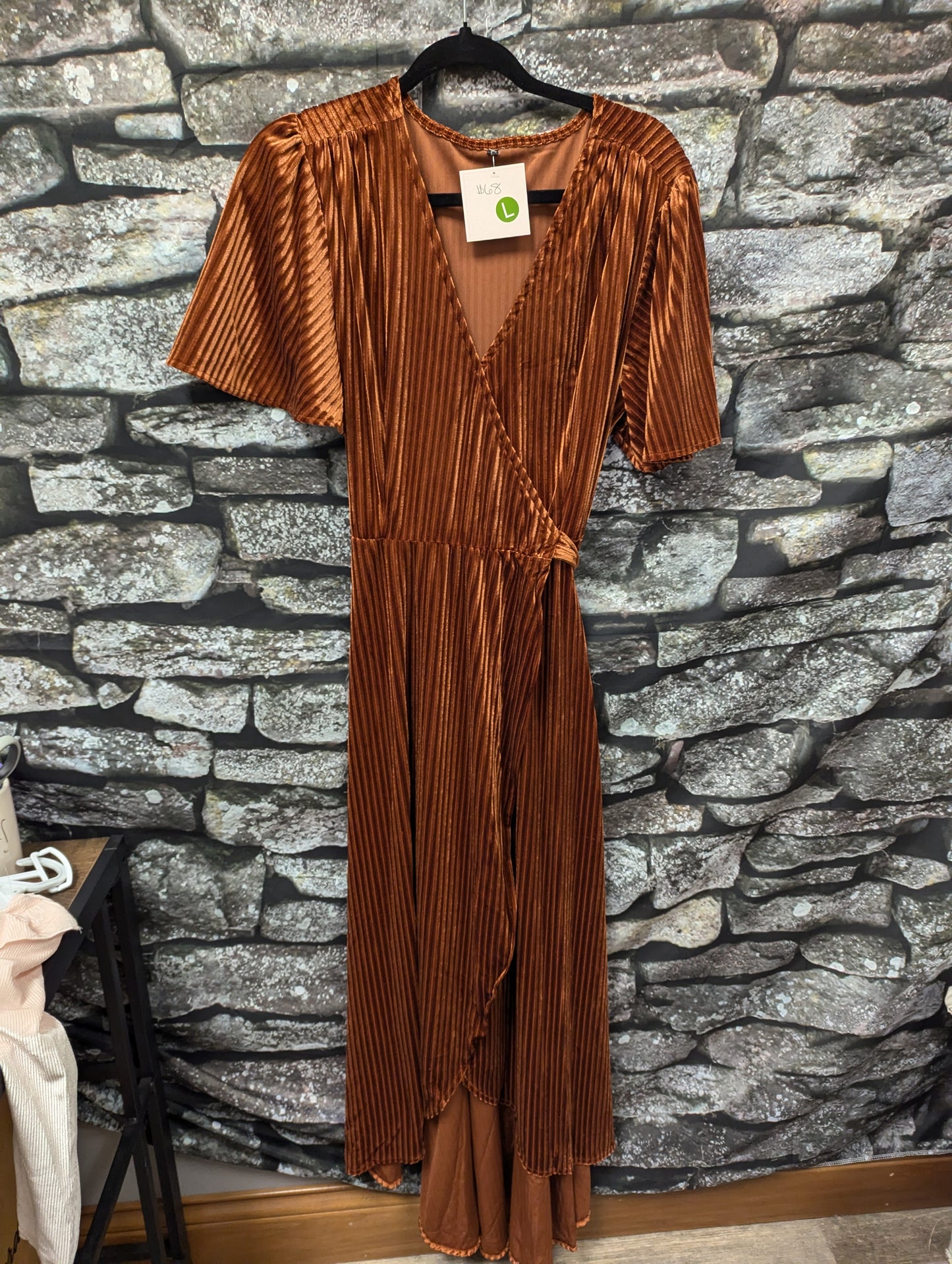 Burnt orange short sleeve wrap dress.