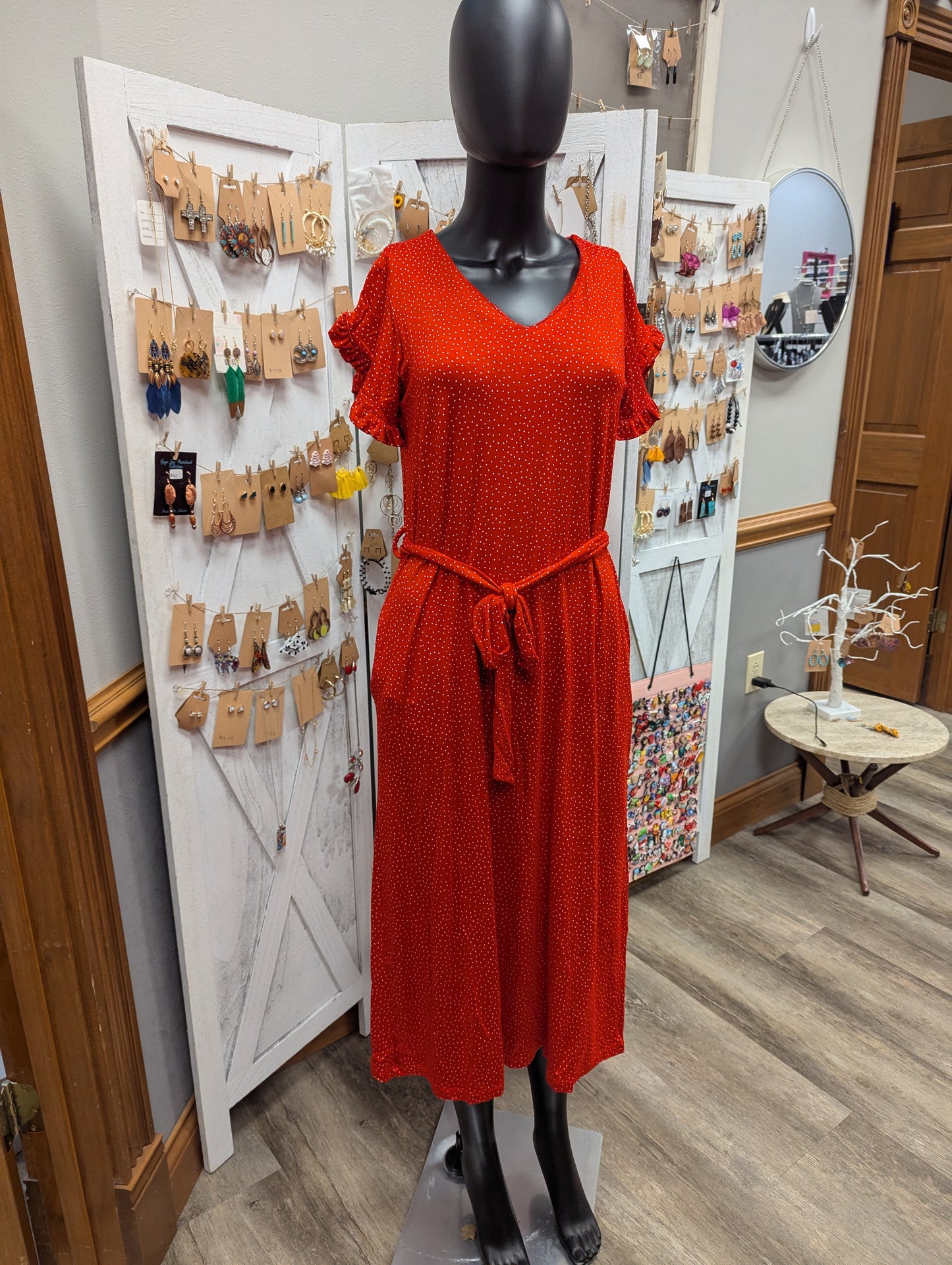 Red dot midi dress. Size L