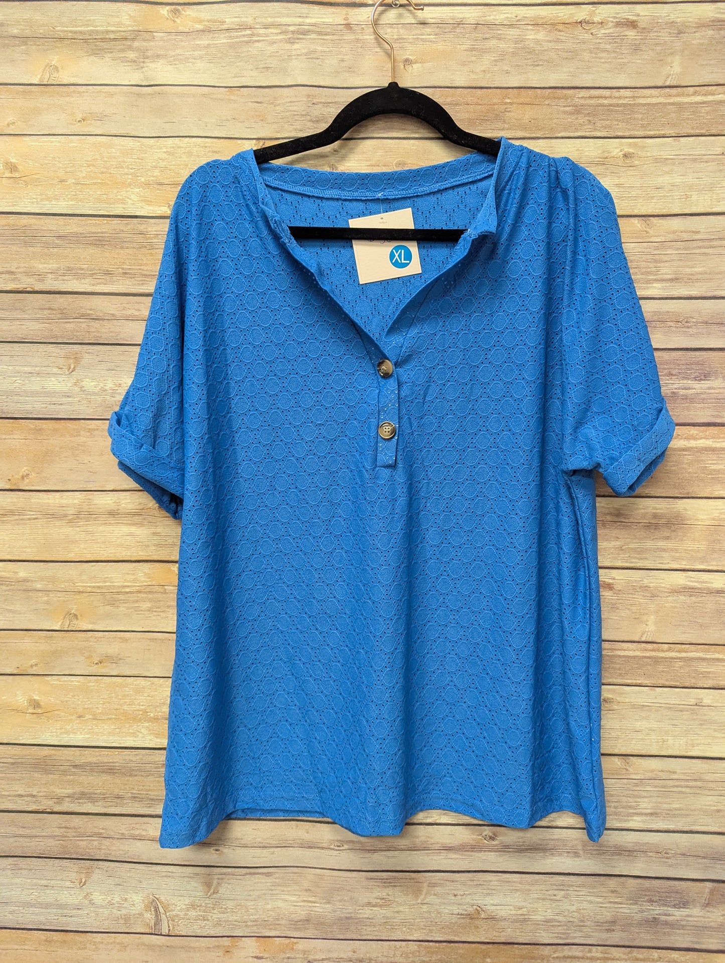 Everyday blue, v neck button up top.