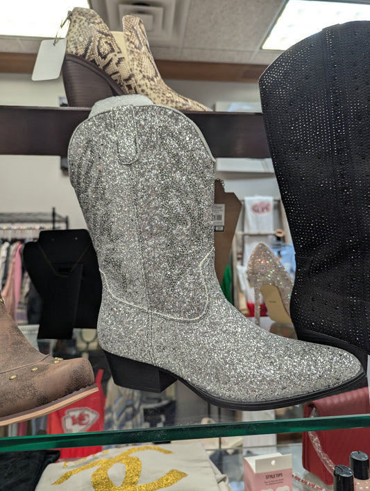 Silver shimmer boots.