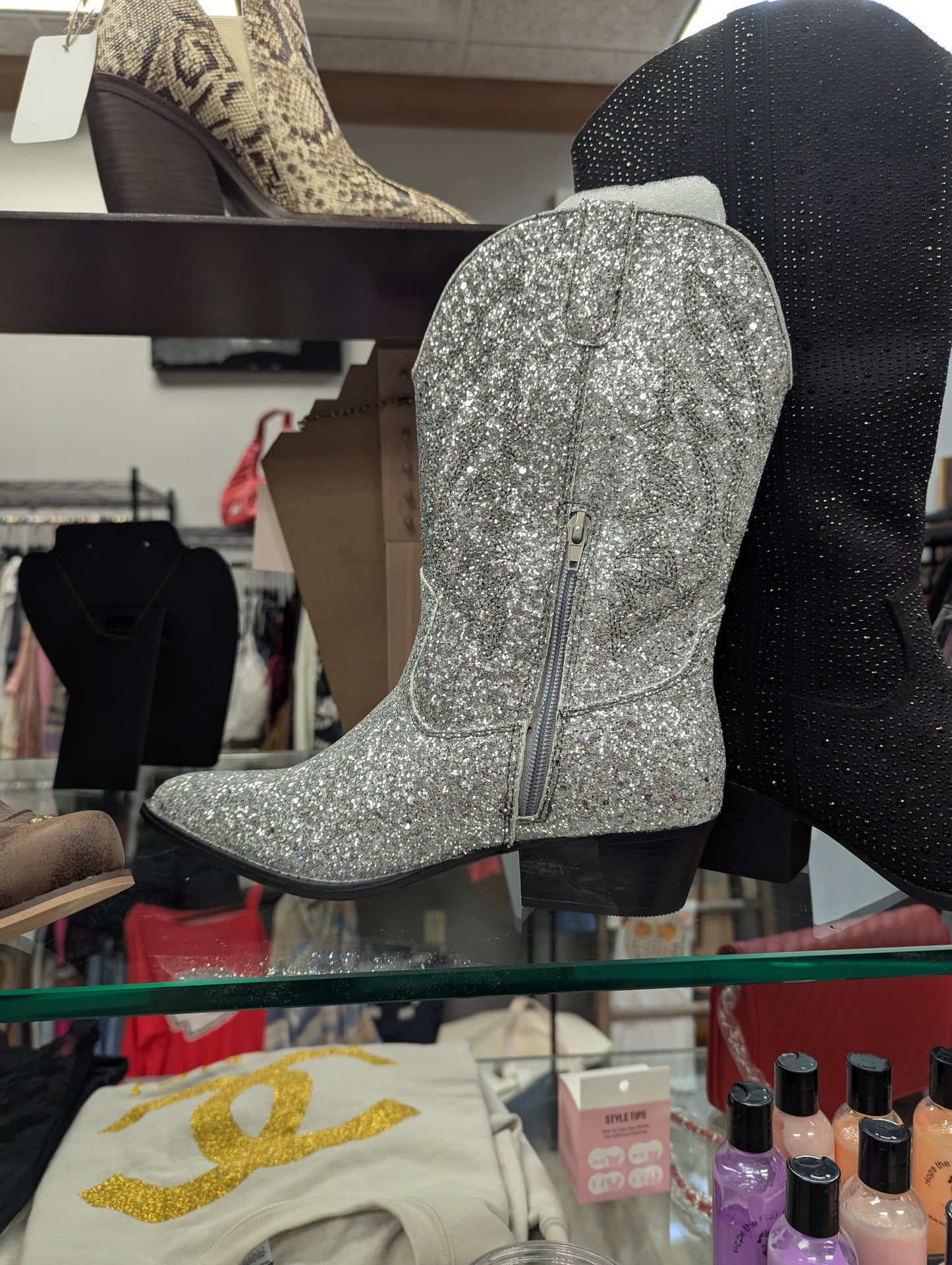 Silver shimmer boots.