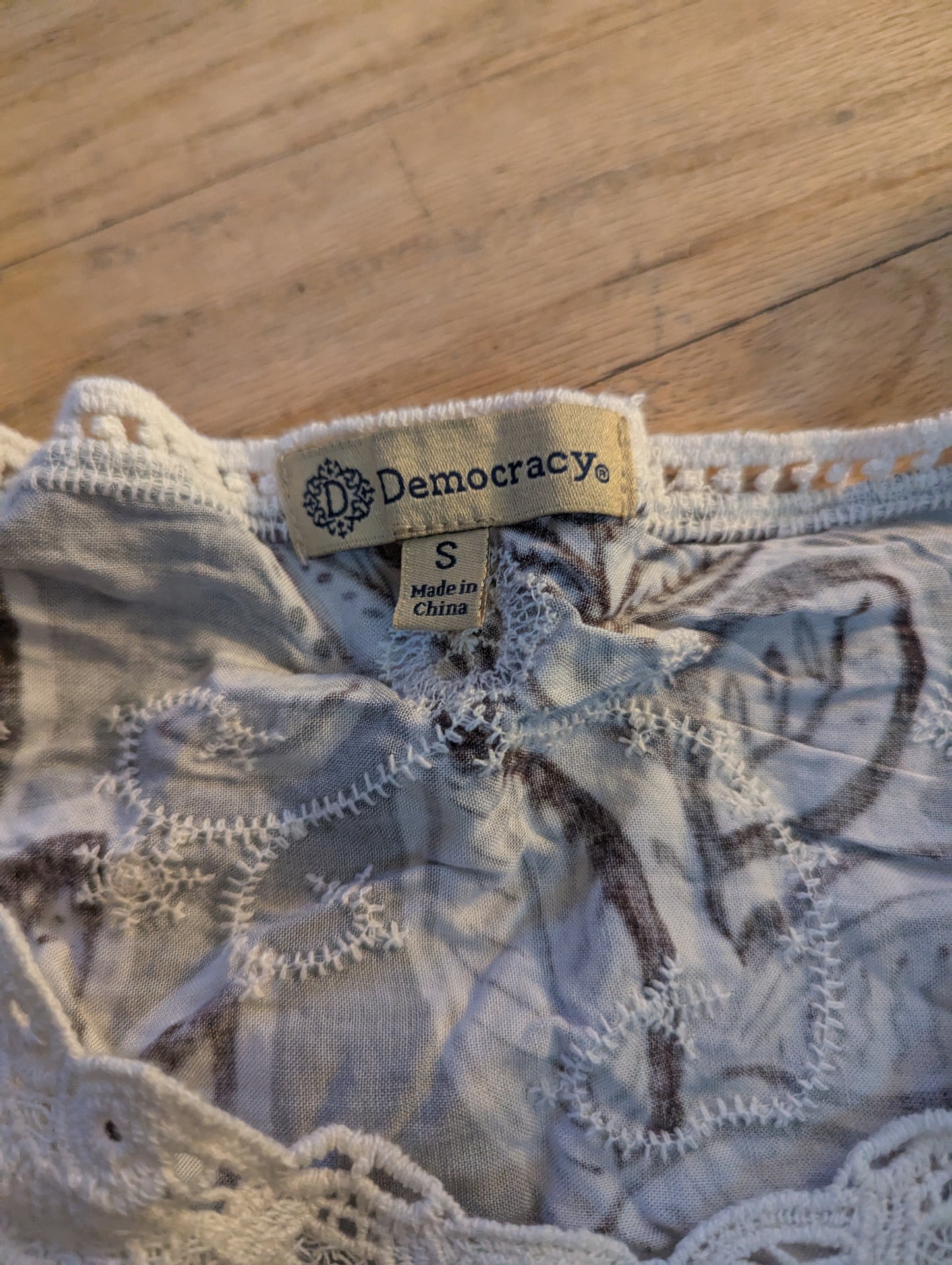 Democracy embroidered top. Size S. #99