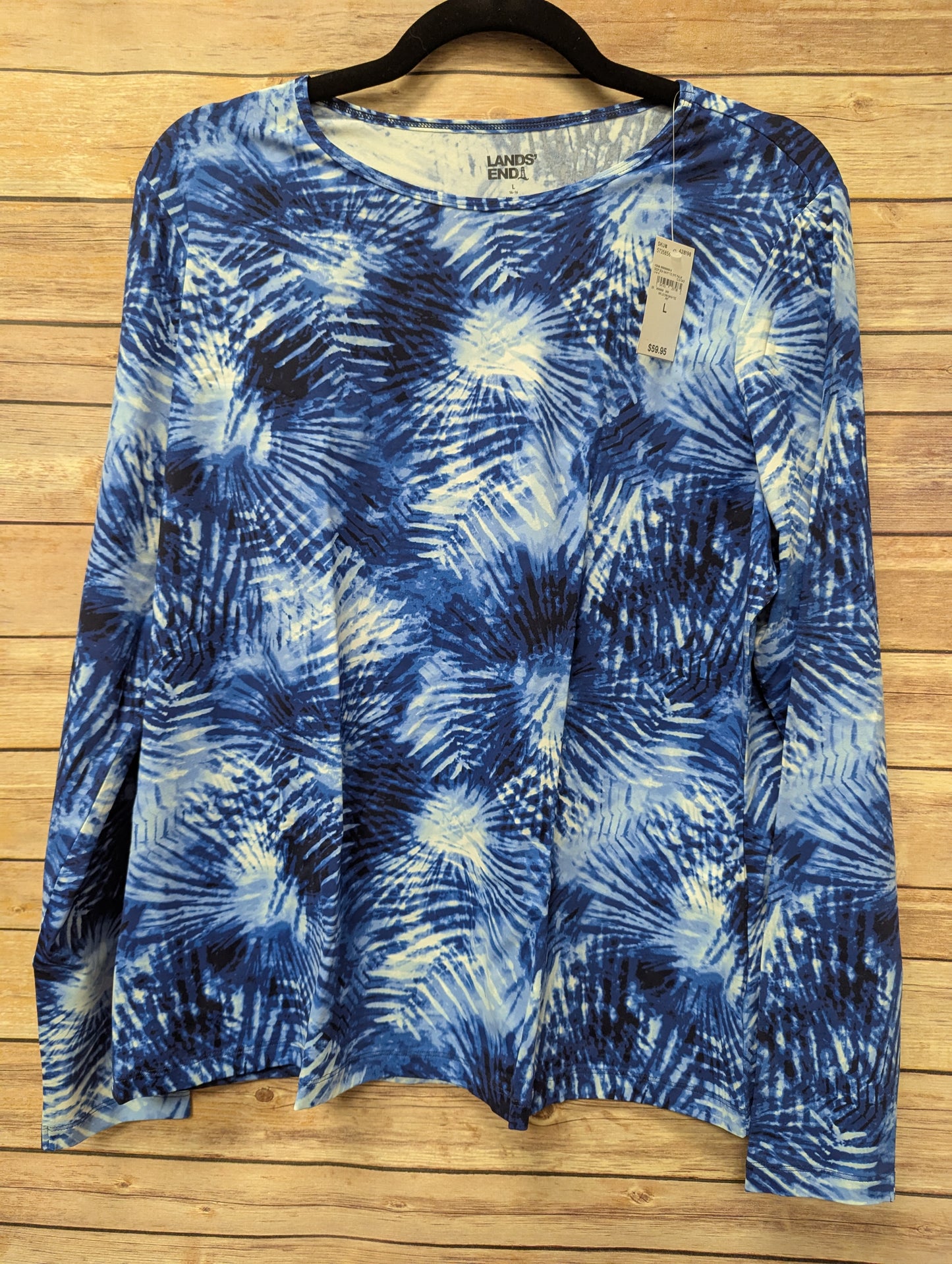 LANDS END NWT Tie Dye Long Sleeve Crew Neck Rash Guard Swim T Shirt Blue Size L. #97