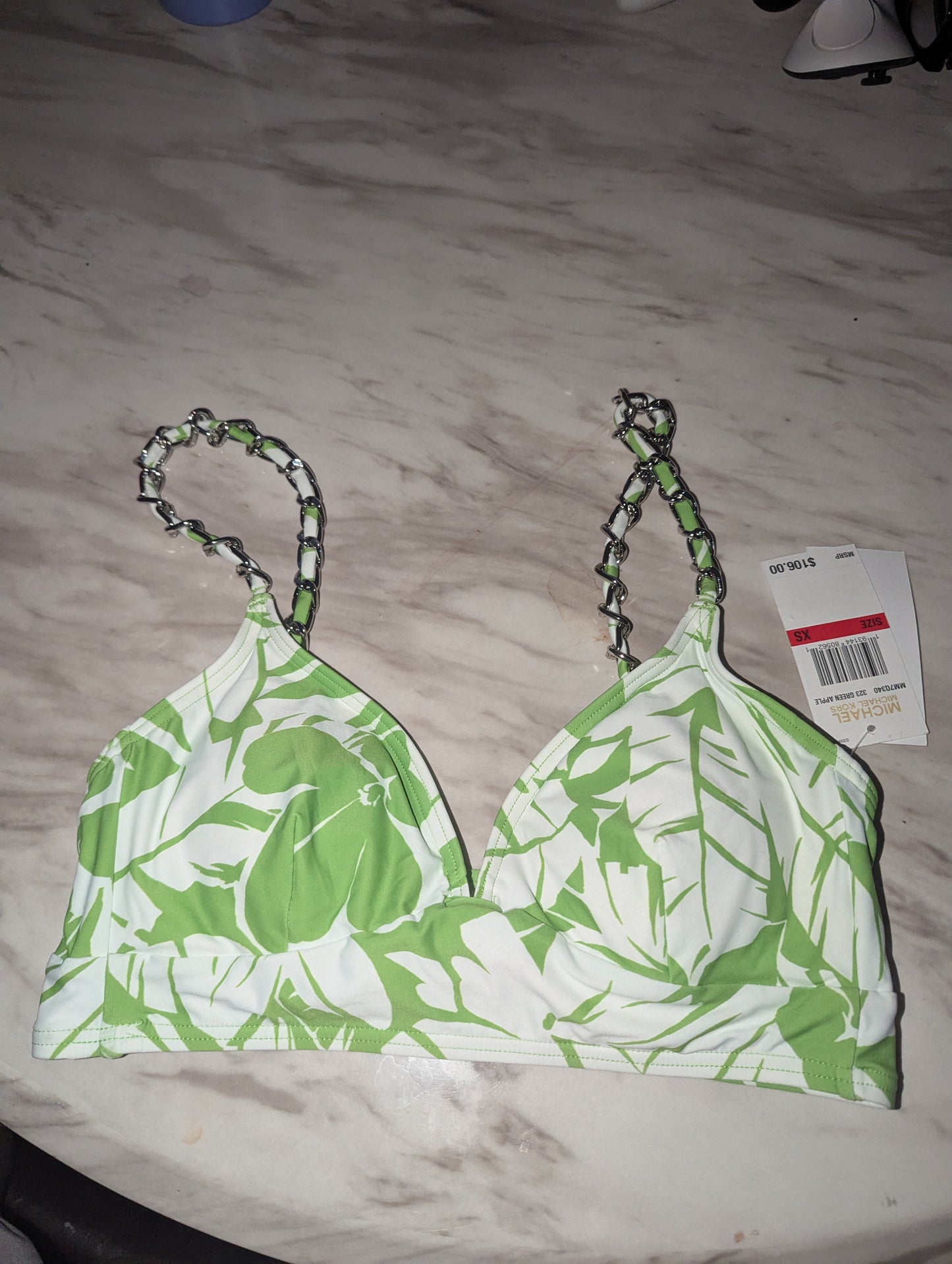 Michael Kors Green & White Tropical Print Bikini Top With Chain Straps– Size XS