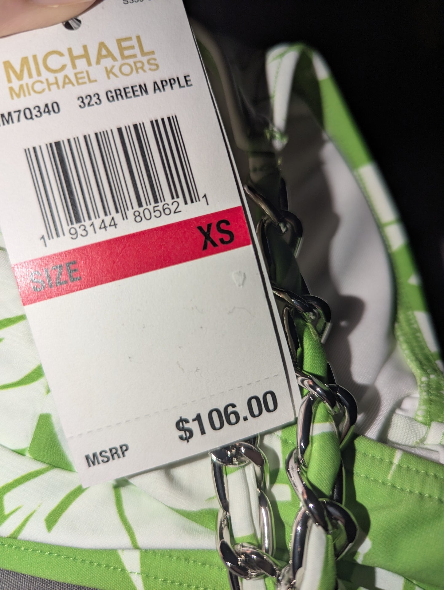 Michael Kors Green & White Tropical Print Bikini Top With Chain Straps– Size XS