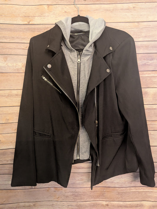 NWT Size Large Black Moto Jacket w/ Gray Hoodie Insert Layered Zip Up. A3