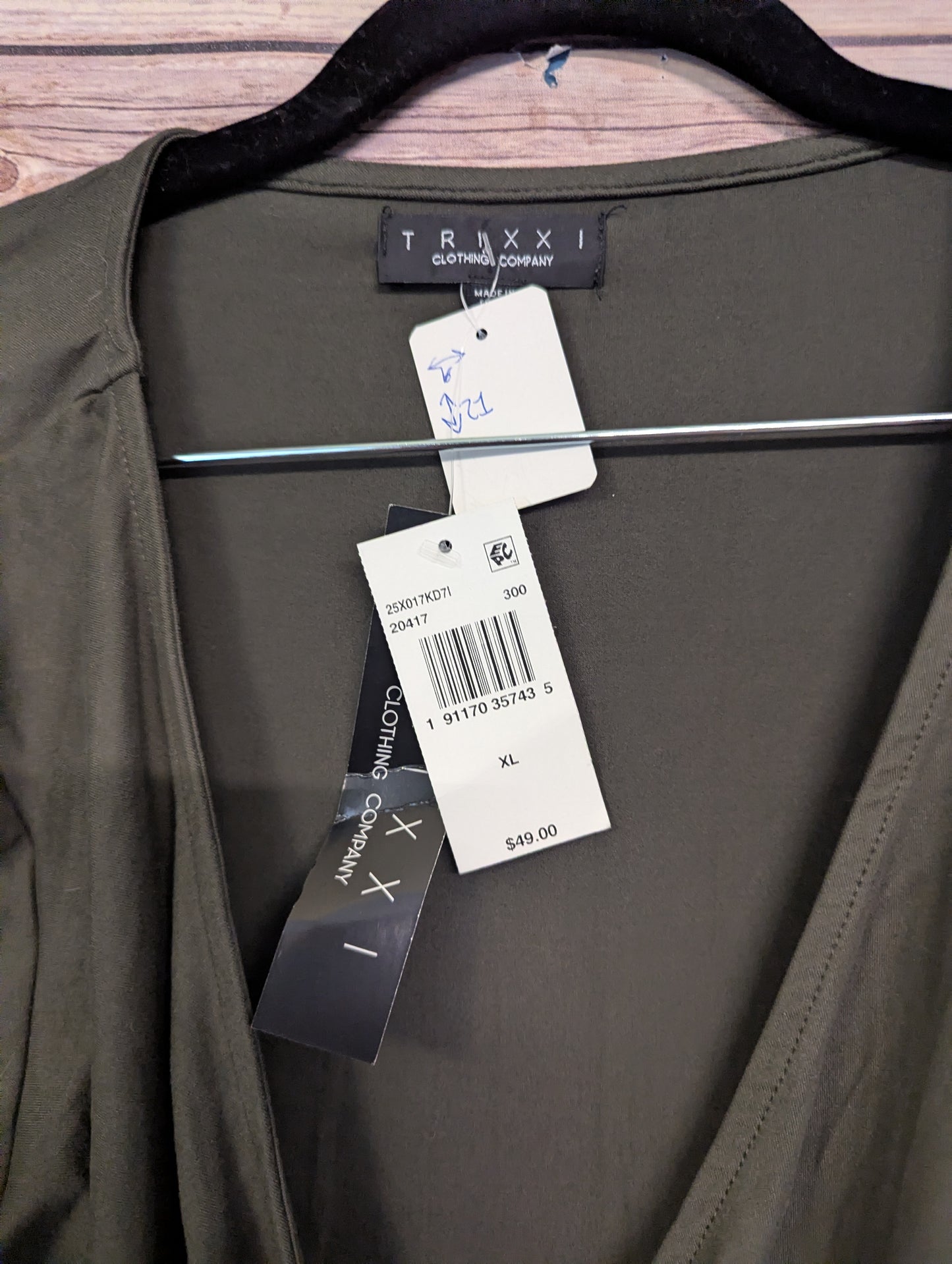 Olive Green Long Sleeve Wrap Dress. Sz XL. Trixxi Brand #B31