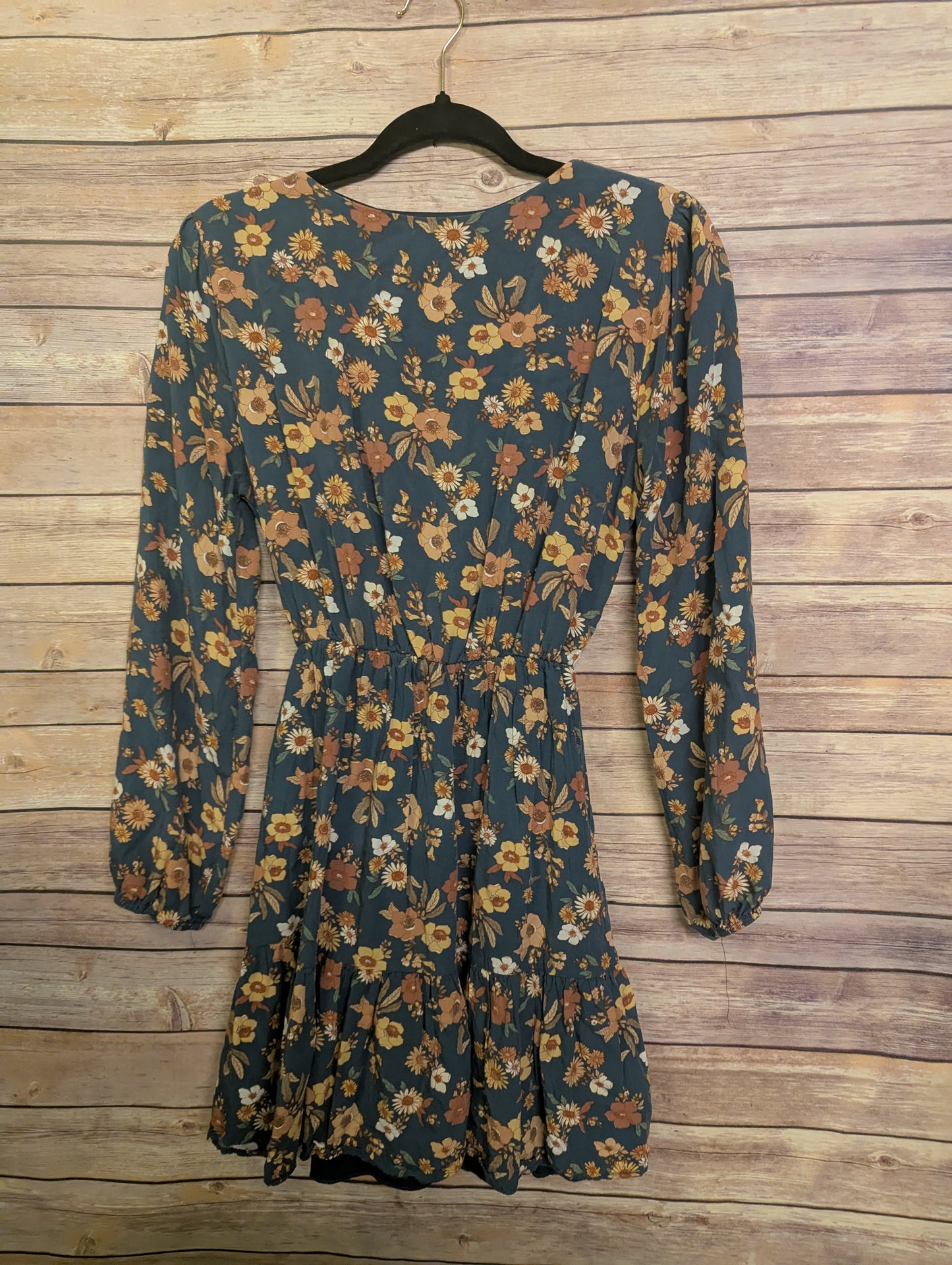 Everly Floral Long Sleeve, Size. M Teal Rust Boho Surplice V Neck Dress C7