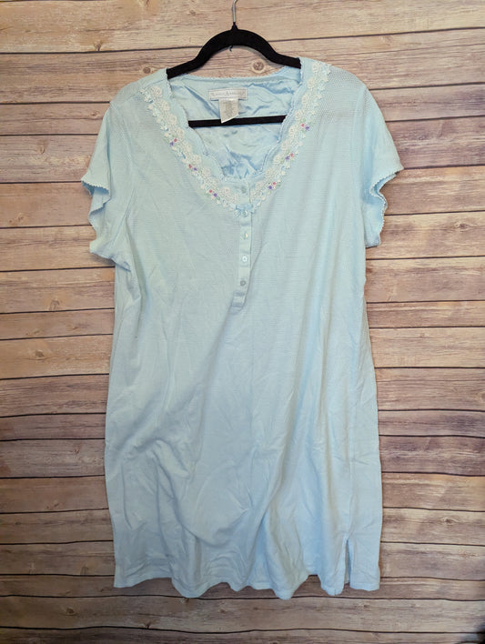 Earth Angels XL Light Blue Waffle Knit Sleep Shirt Nightgown Lace Trim Floral