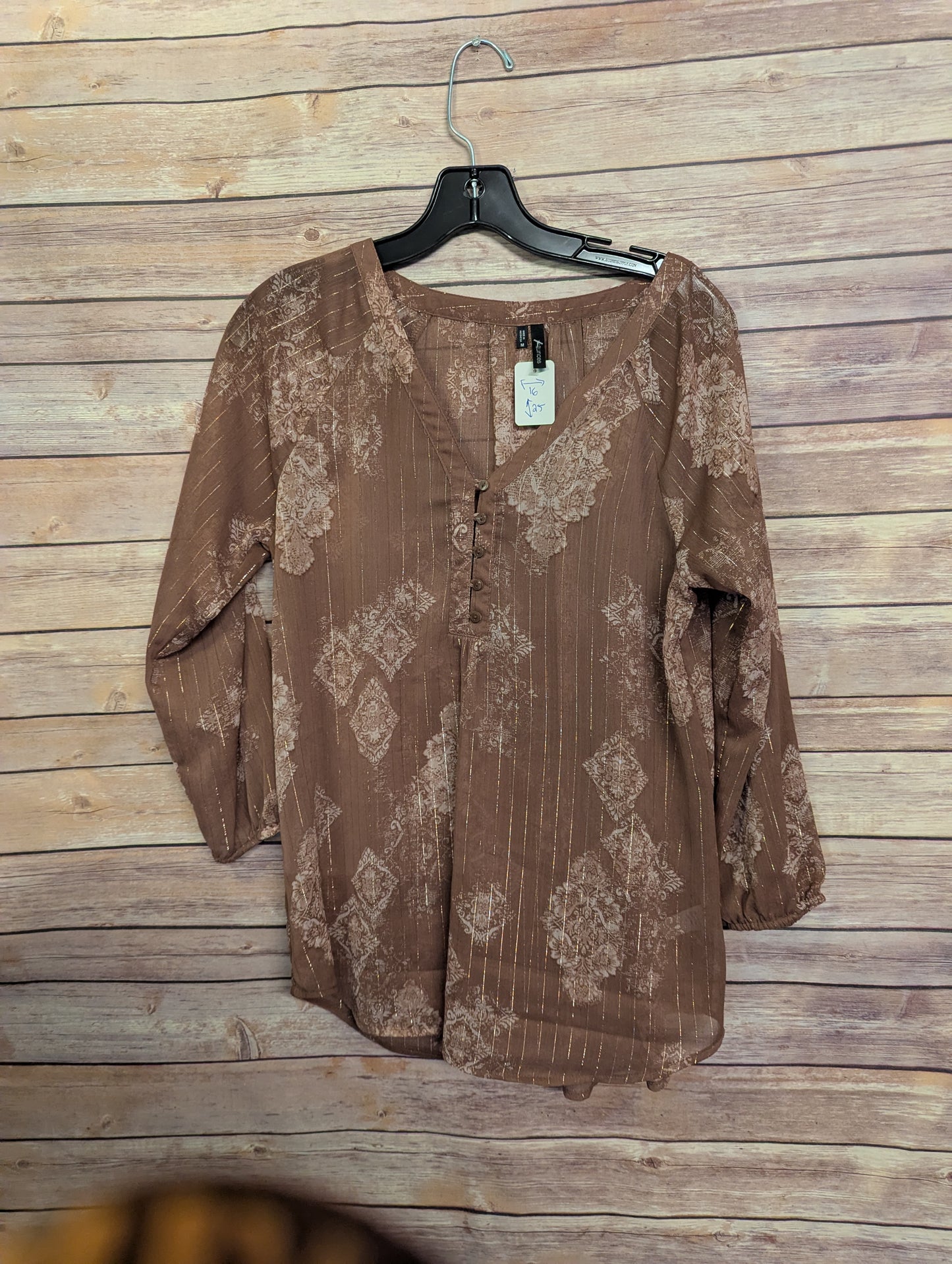 Maurices Size M Brown Boho Peasant Blouse Metallic Stripe Sheer Long Sleeve Top