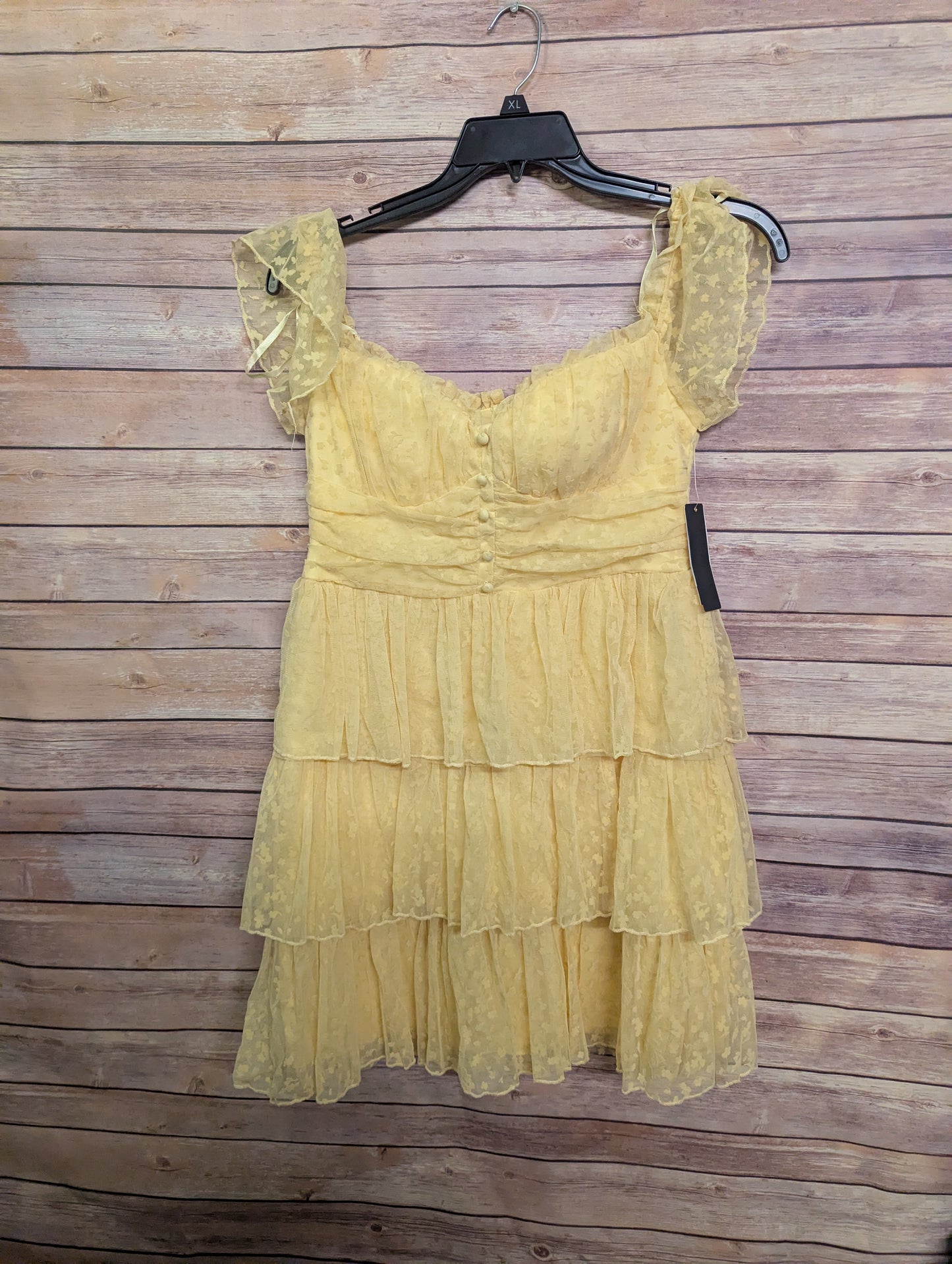 NWT Yellow Lace Tiered Mini Dress Size 13/14 Ruffle Sleeve Party Dress Juniors