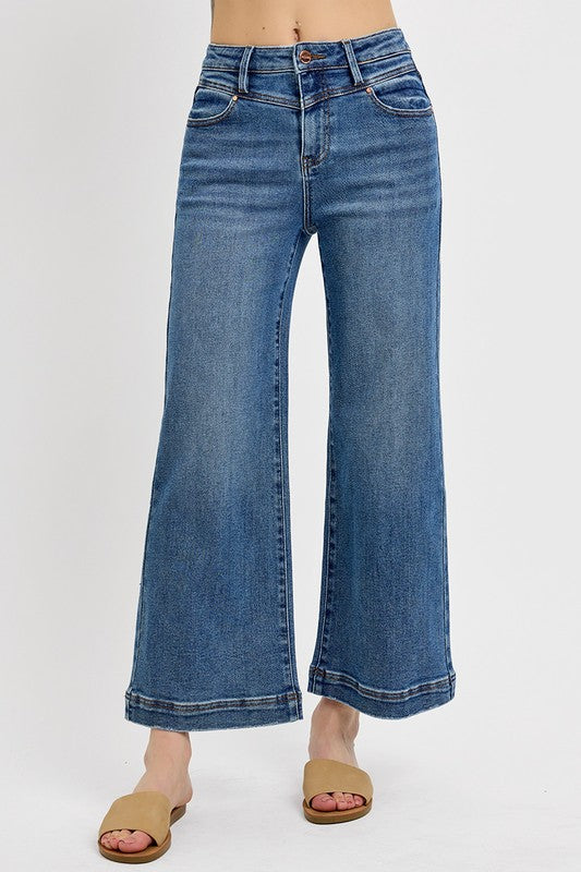 RISEN Full Size High Rise Crop Wide Leg Front Yoke Detail Jeans sz 13