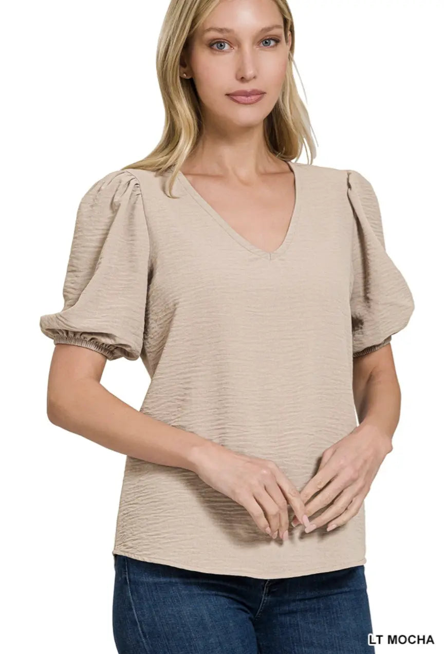 Mocha puff sleeve top - Scarlett's Riverside Boutique 