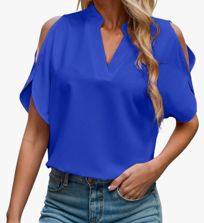 Blue cold shoulder blouse - Scarlett's Riverside Boutique 