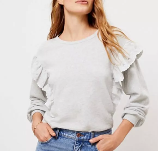 LOFT Embroidered Ruffle Sleeve Sweatshirt Heather Grey Medium. RS 29