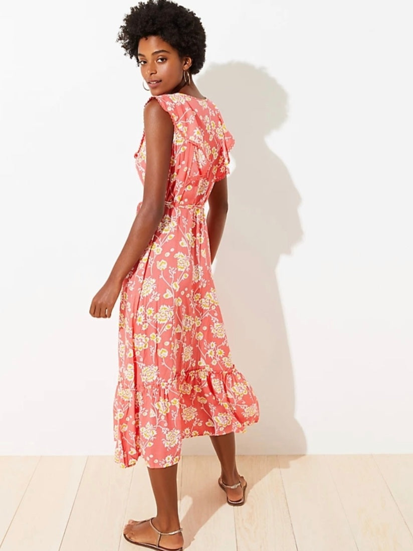 loft pink floral dress Loft Women's Floral Flutter Flounce Dress XS,S, M,L,XL Pink Champagne $90
