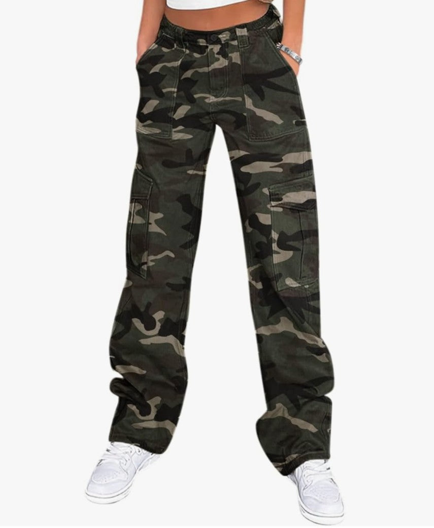 Women's camo cargo denim jeans.