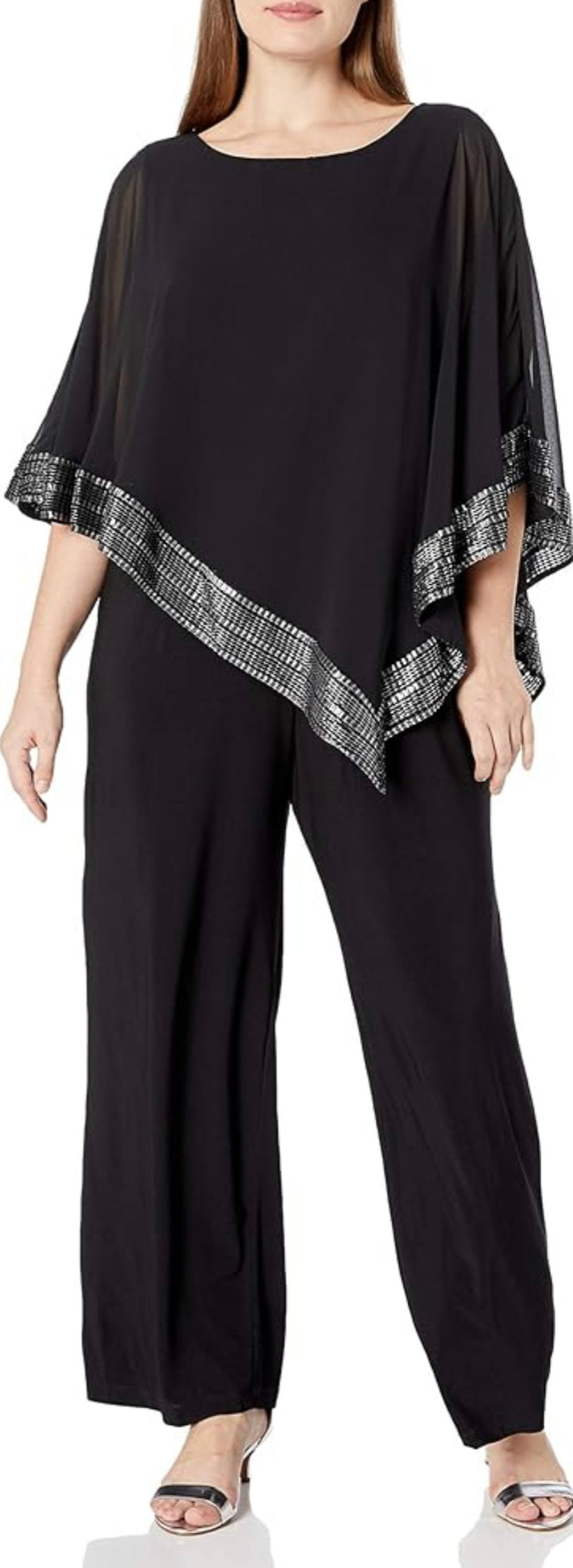 SLNY Black Jumpsuit w/ Silver Lined Cape. Size 14. RS 98