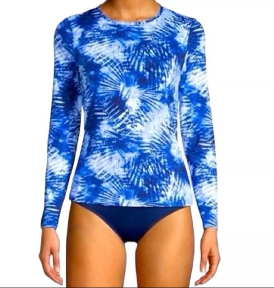 LANDS END NWT Tie Dye Long Sleeve Crew Neck Rash Guard Swim T Shirt Blue Size L. #97