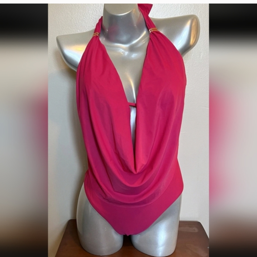 Bar III Hot Pink Plunge One-Piece Swimsuit Size Small NWT – Halter Deep V Cutout #A10