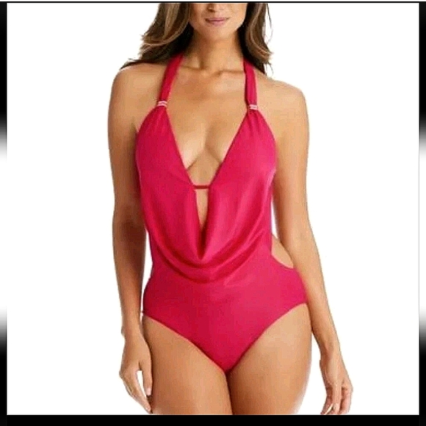 Bar III Hot Pink Plunge One-Piece Swimsuit Size Small NWT – Halter Deep V Cutout #A10