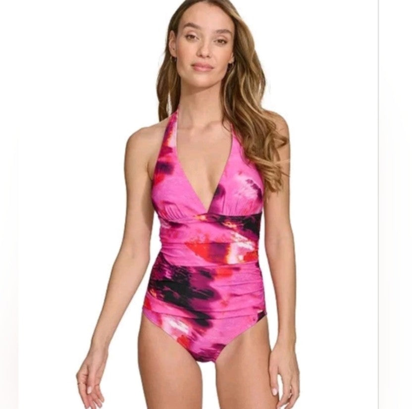 Dkny Pink and Black One Piece Swimsuit with Halter Neckline A14