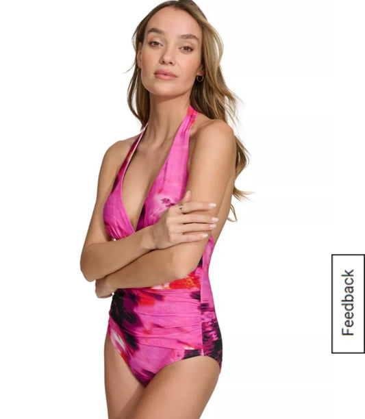 Dkny Pink and Black One Piece Swimsuit with Halter Neckline A14