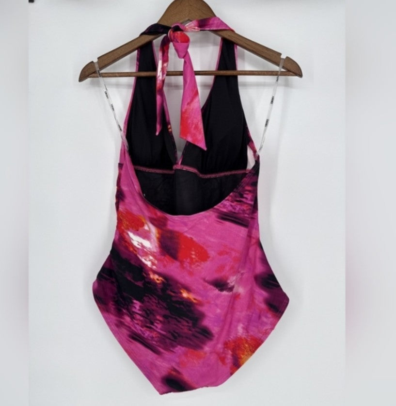 Dkny Pink and Black One Piece Swimsuit with Halter Neckline A14