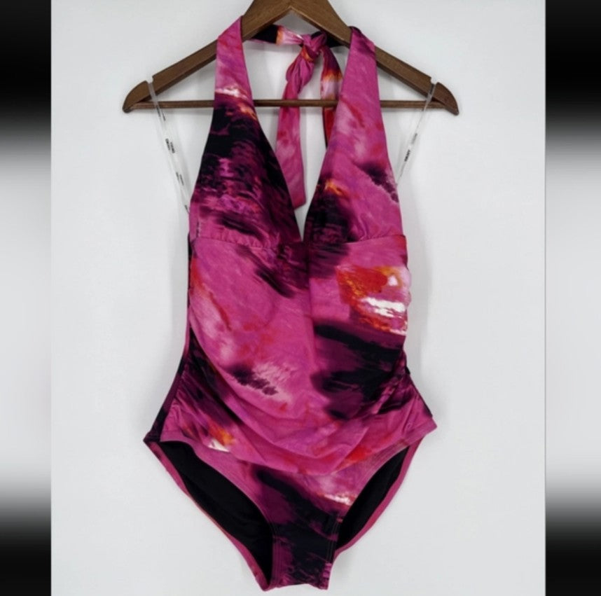 Dkny Pink and Black One Piece Swimsuit with Halter Neckline A14