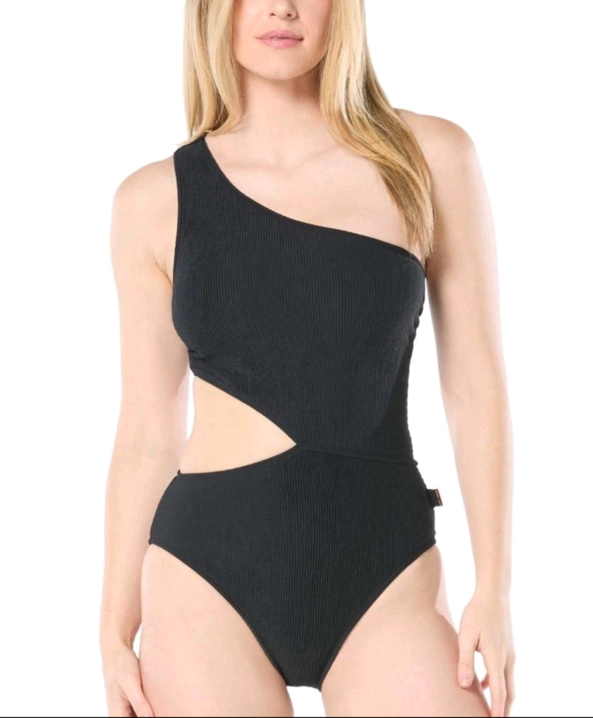 Michael Kors Black One Shoulder Cutout Ribbed One-Piece Swimsuit Sz 12. #A25