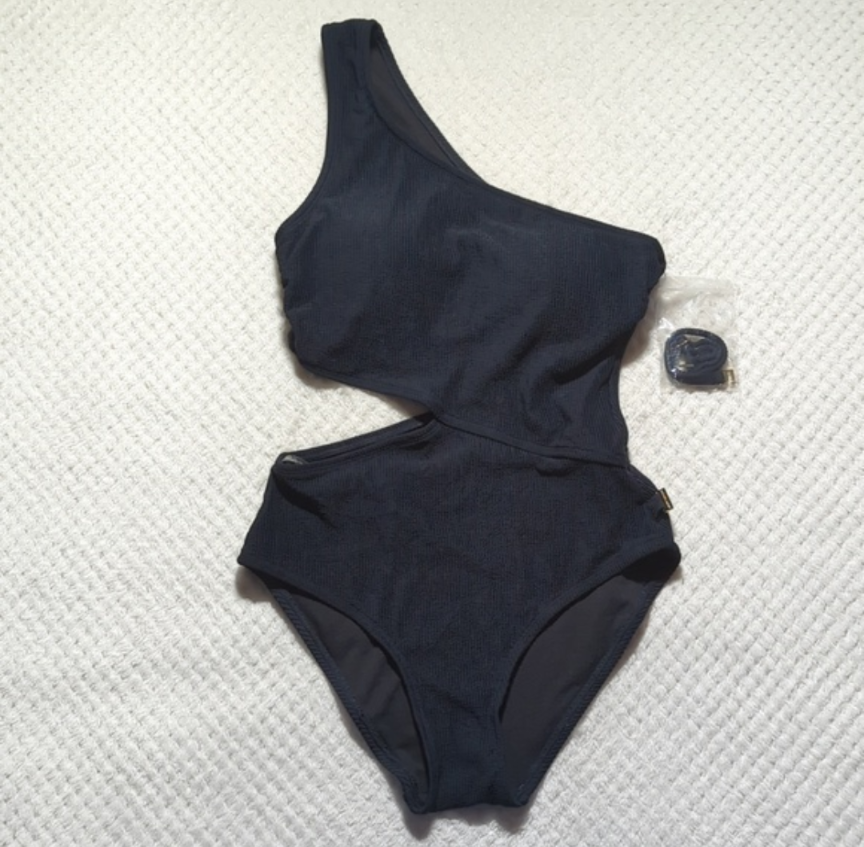 Michael Kors Black One Shoulder Cutout Ribbed One-Piece Swimsuit Sz 12. #A25