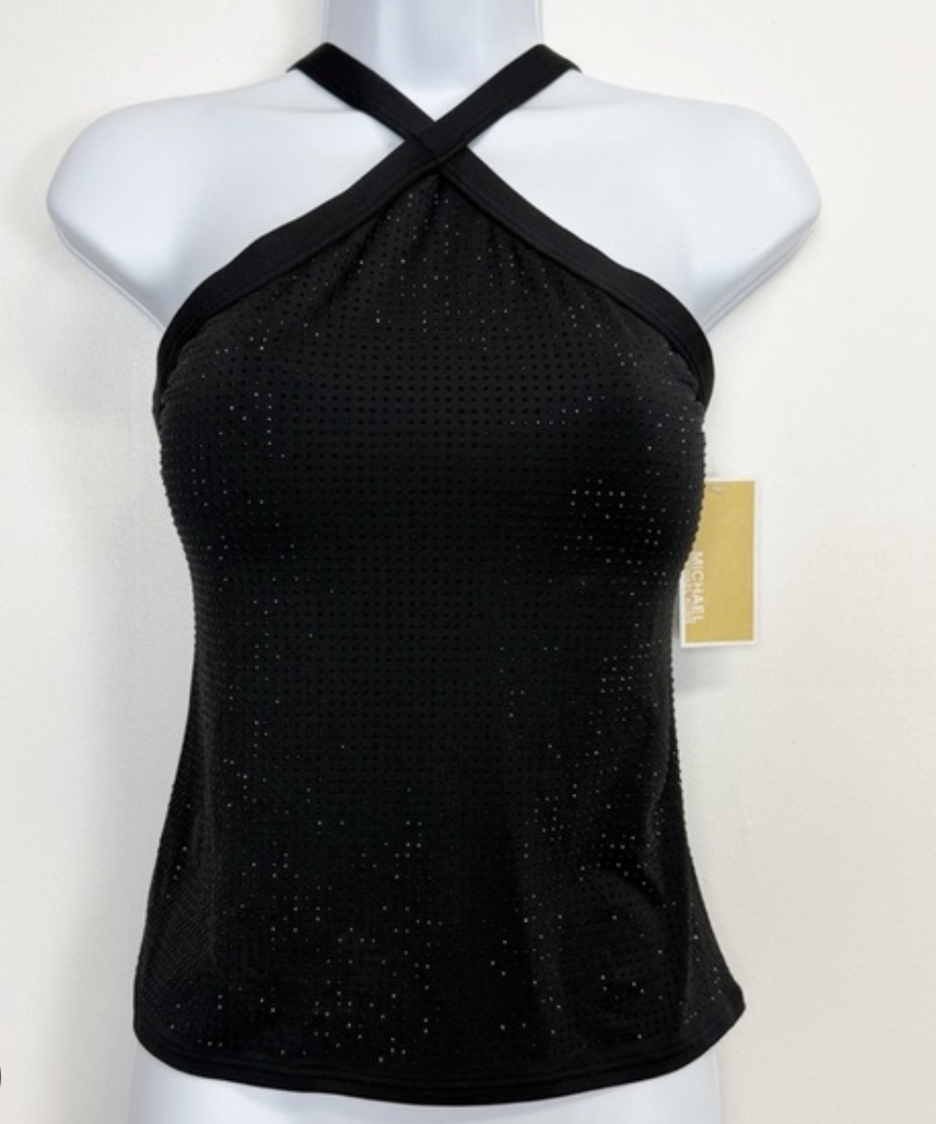 Michael Kors Black Rhinestone Studded Cross Back Tankini Top Size M #A30