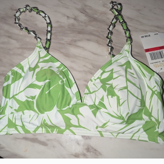 MK Green & White Tropical Print Bikini Top With Chain Straps– Size XS #A48