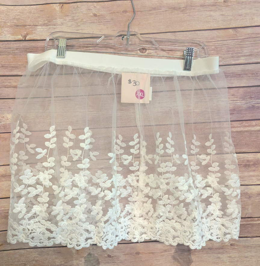 Size XXL White Lace Mesh Mini Skirt Sheer Floral Embroidered. #A87